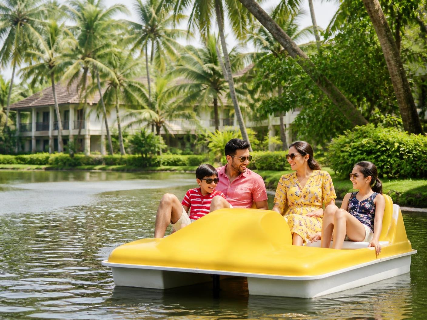 Family enjoying pedal boating on a tropical resort pond